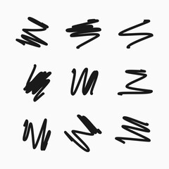 Scribble with a black marker. Set of nine doodle style various scribbles. Black hand drawn design elements on white background. Vector illustration