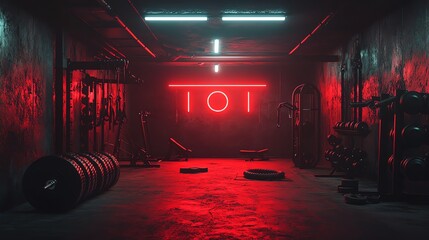 Underground Gym with Red Neon Lights and Fitness Equipment