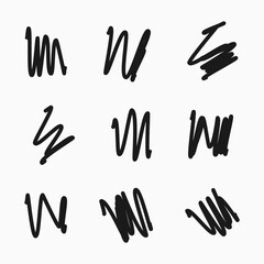 Scribble with a black marker. Set of nine doodle style various scribbles. Black hand drawn design elements on white background. Vector illustration