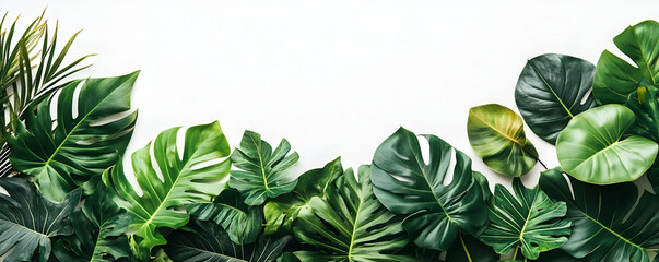 Naklejka premium Lush green leaves border, white backdrop. Website banner