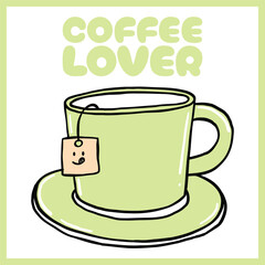Adorable hand-drawn illustration of a green tea cup with a saucer and a smiling tea bag, Vector