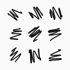 Scribble with a black marker. Set of nine doodle style various scribbles. Black hand drawn design elements on white background. Vector illustration