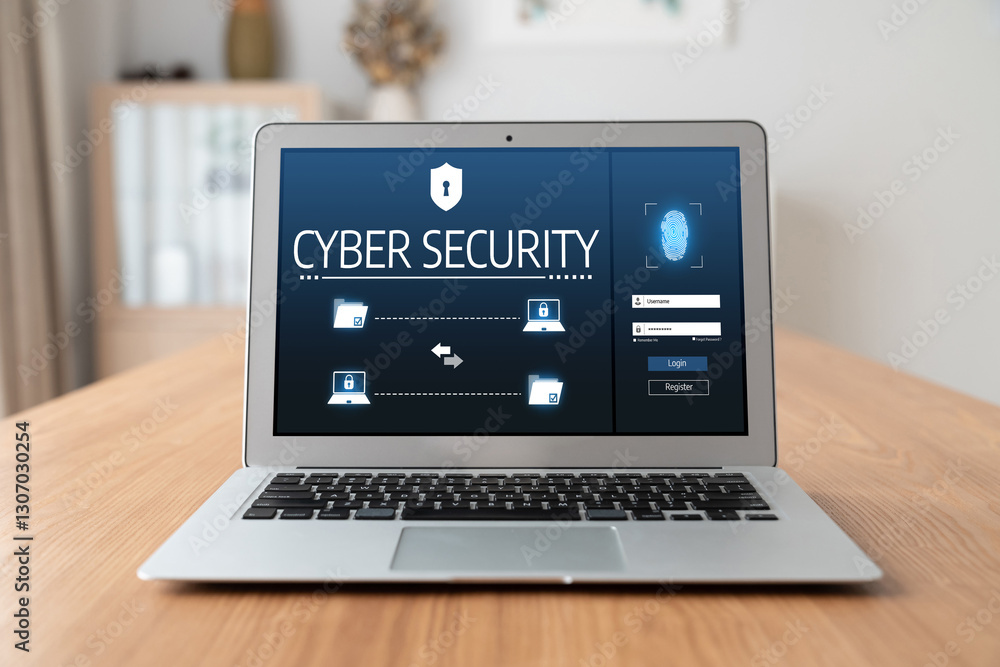 Poster cyber security system on computer screen protect private information snugly from hacker and cyber at