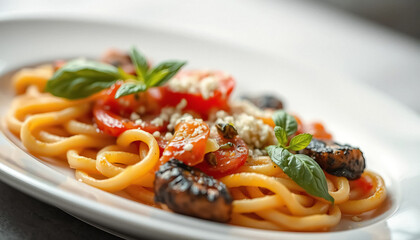 Close up of vibrant pasta dish featuring fresh tomatoes basil grilled mushrooms and grated cheese