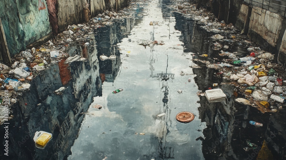 Poster a polluted waterway filled with garbage, reflecting surrounding structures, highlighting environment
