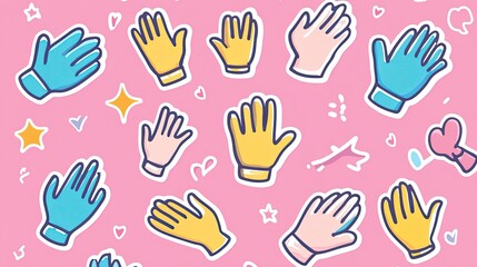 Playful hands and protective gloves seamless design on bubblegum pink background