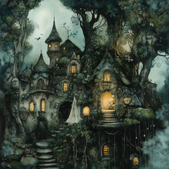 Fototapeta premium Enchanting forest castle, woman approaching, mystical background, fantasy illustration