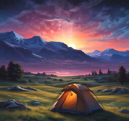 Illustration of camping with tant and wild landcape.