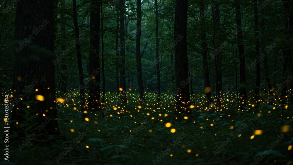 Poster illuminated forest scene captures magical glow of fireflies amidst tall trees, creating a serene atm