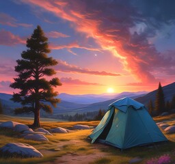 Illustration of camping with tant and wild landcape.