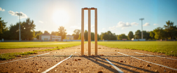 Fototapeta premium Cricket ball, stumps and bails set up on a pitch under a bright sunny sky for tournament advertising and event promotion