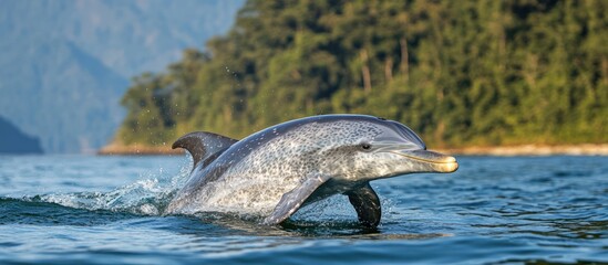 Fototapeta premium Dolphin leaping from ocean water near lush green tropical island.