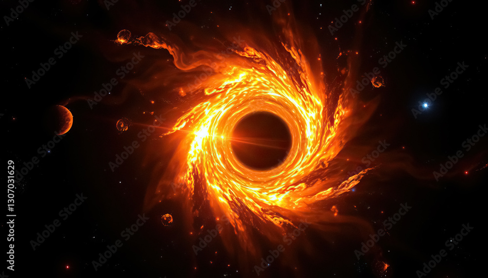 Poster cosmic vortex engulfing black hole surrounded by swirling fire and celestial bodies in deep space