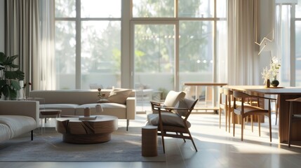 Bright and Airy Modern Living Room with Dining Area in Light Tones