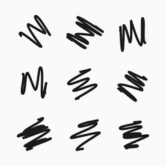 Scribble with a black marker. Set of nine doodle style various scribbles. Black hand drawn design elements on white background. Vector illustration
