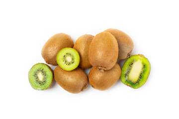 Kiwi isolated on white background. Whole fruit and slices pieces of kiwi on white background. fresh...