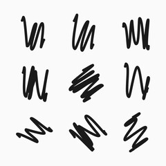 Scribble with a black marker. Set of nine doodle style various scribbles. Black hand drawn design elements on white background. Vector illustration