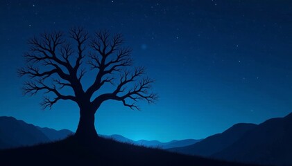 Leafless, gnarled silhouette of dead tree against night sky, backdrop, night, mysterious