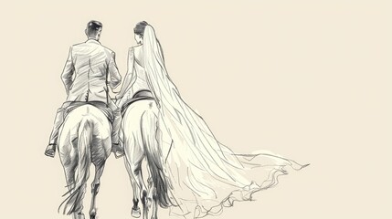 A wedding drawing of the bride and groom riding on horseback, with a white background, simple lines, and a minimalistic, sketch-like style	
