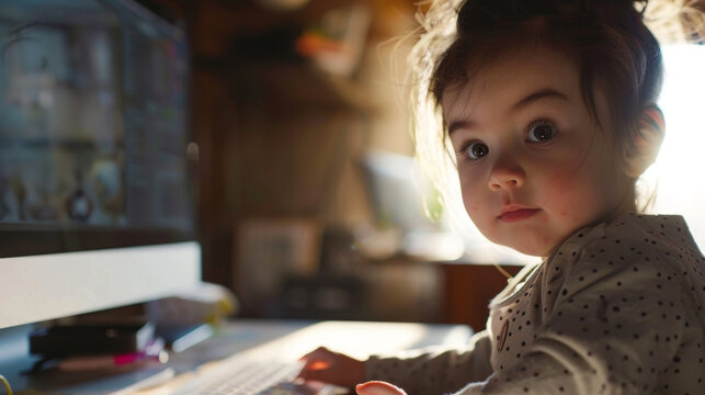 A mother multitasking at home with her attentive baby by the computer
