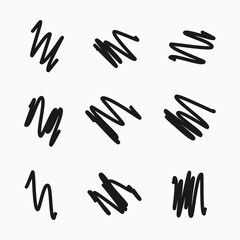 Scribble with a black marker. Set of nine doodle style various scribbles. Black hand drawn design elements on white background. Vector illustration
