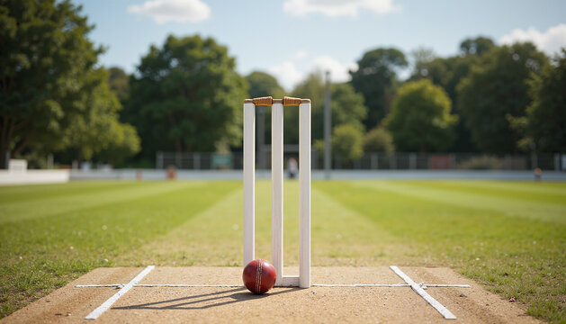Cricket Ball next to Wickets on Pitch for IPL Sporting Events, Website Banners, and Promotional Materials for Sports Blogs