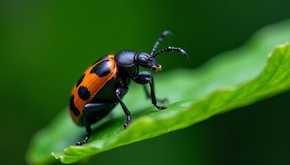 Naklejka premium Striking black & orange beetle detail on rainforest plant, beetle, entomology, orange