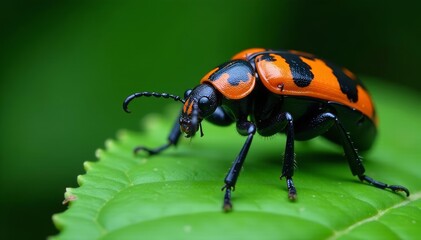 Fototapeta premium Striking black & orange beetle detail on rainforest plant, insect, wildlife