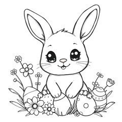 Kawaii rabbit coloring page. The rabbit has big, sparkling eyes and a friendly smile and floppy ears. The adorable rabbit is sitting with a field with flowers and easter eggs . The lines are clean and
