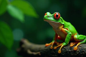 Vibrant green frog, bulging eyes, rainforest setting, eyes, tropical