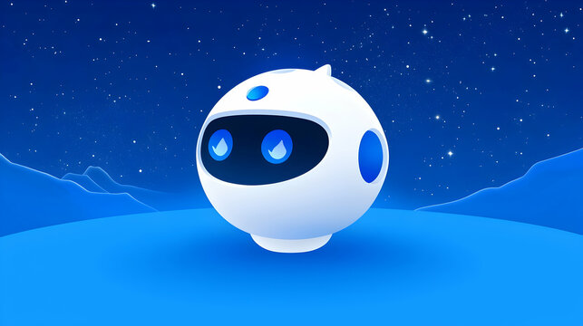 Cute robot exploring alien landscape at night, digital art for tech website