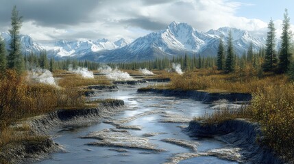 Fototapeta premium A serene landscape featuring a flowing river, surrounded by mountains and lush greenery, with hints of steam rising from the ground.