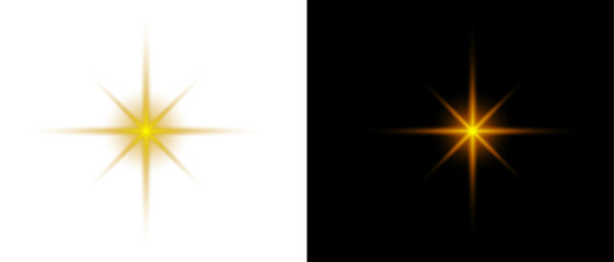 Fototapeta premium Png gold star light, sparkle. Yellow light effect. Shining light with yellow gold color. Png spotlight spark.Vector transparent sunlight special lens flare light effect.