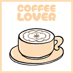 Minimalist digital illustration of a coffee cup with latte art, featuring the text 