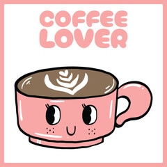 Playful digital illustration of a pink coffee cup with a happy face and latte art, featuring the text 