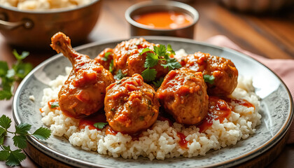 Delicious meatballs and chicken drummettes covered in sauce served over bed of rice on decorative plate