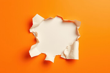 Orange paper background torn in the middle in the shape of a circle, space for text.