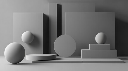 Grey geometric shapes and spheres in an abstract composition