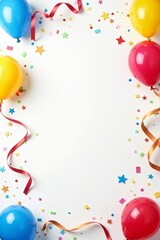 Colorful balloons, ribbons, and confetti on a white background for a festive birthday party pattern, party, pattern