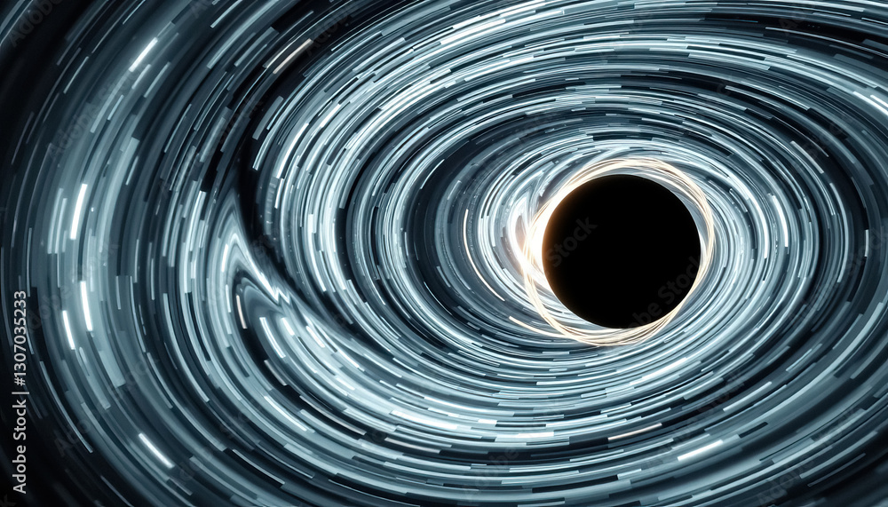 Poster digitally generated showing swirling vortex of light surrounding central void black hole