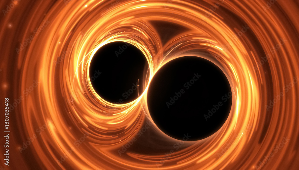 Poster Visual representation of two black holes merging surrounded by swirling light and distorted space time