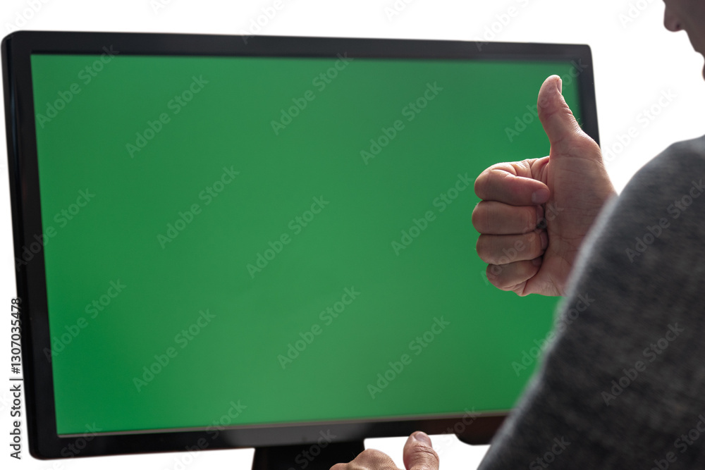 Poster young man using computer with chroma key and doing ok sign. close-up of man with computer, chroma ke