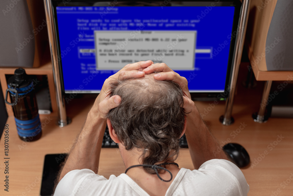 Aufkleber man sitting at computer, operating system failure on screen, rear view