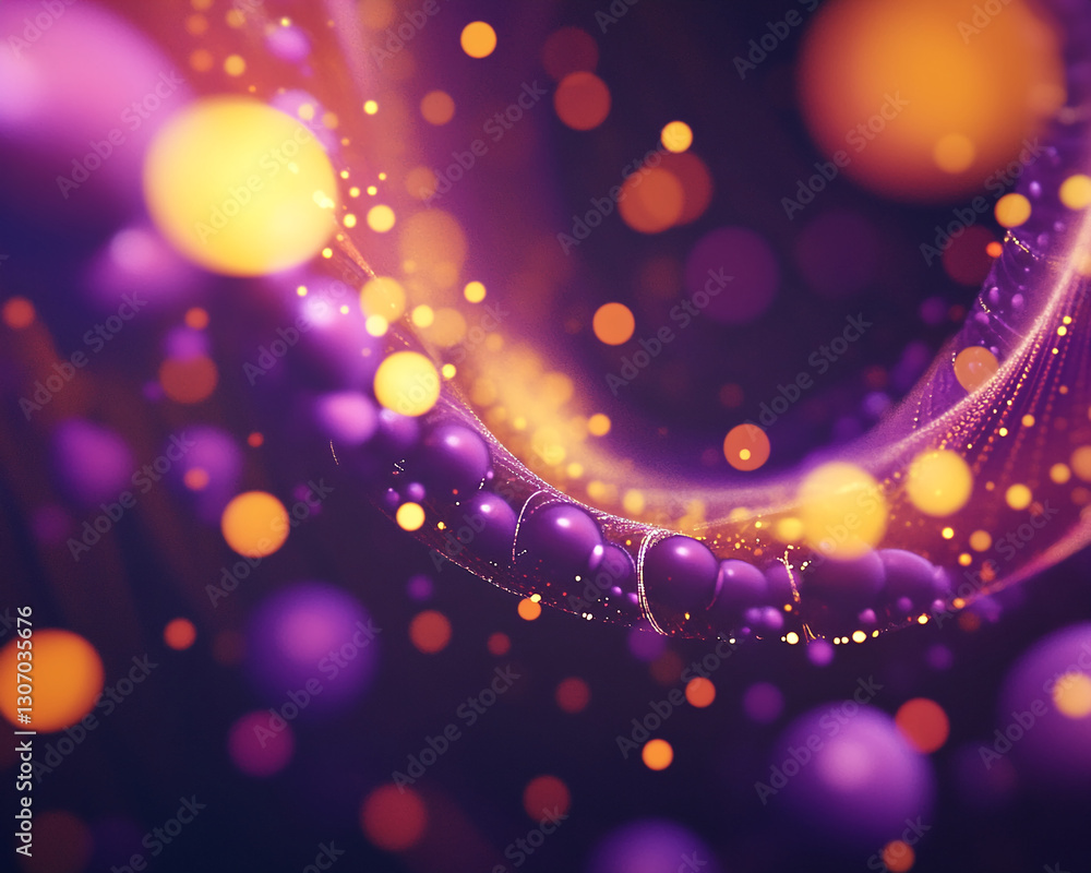 Poster abstract image of purple and orange glowing spheres, swirling in a dark background, creating a dynam