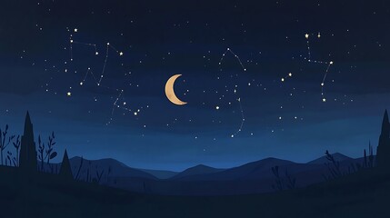A celestial illustration featuring constellations a crescent moon and landscape