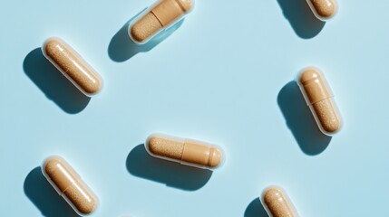 Capsules with brown powder inside are scattered on a light blue background, casting soft shadows