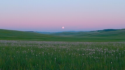 Fototapeta premium Full moon rising over a vast, rolling green field of wildflowers at dawn.