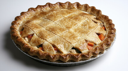 Delicious golden brown pie with flaky crust and lattice top, filled with sweet fruit. Perfect for dessert or special occasions