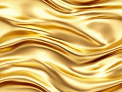 A luxurious golden fabric with smooth, flowing folds and a shiny surface that reflects light beautifully
