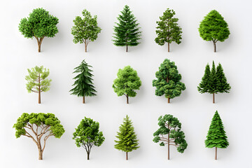 Fototapeta premium 3d realistic green trees collection isolated on white background 